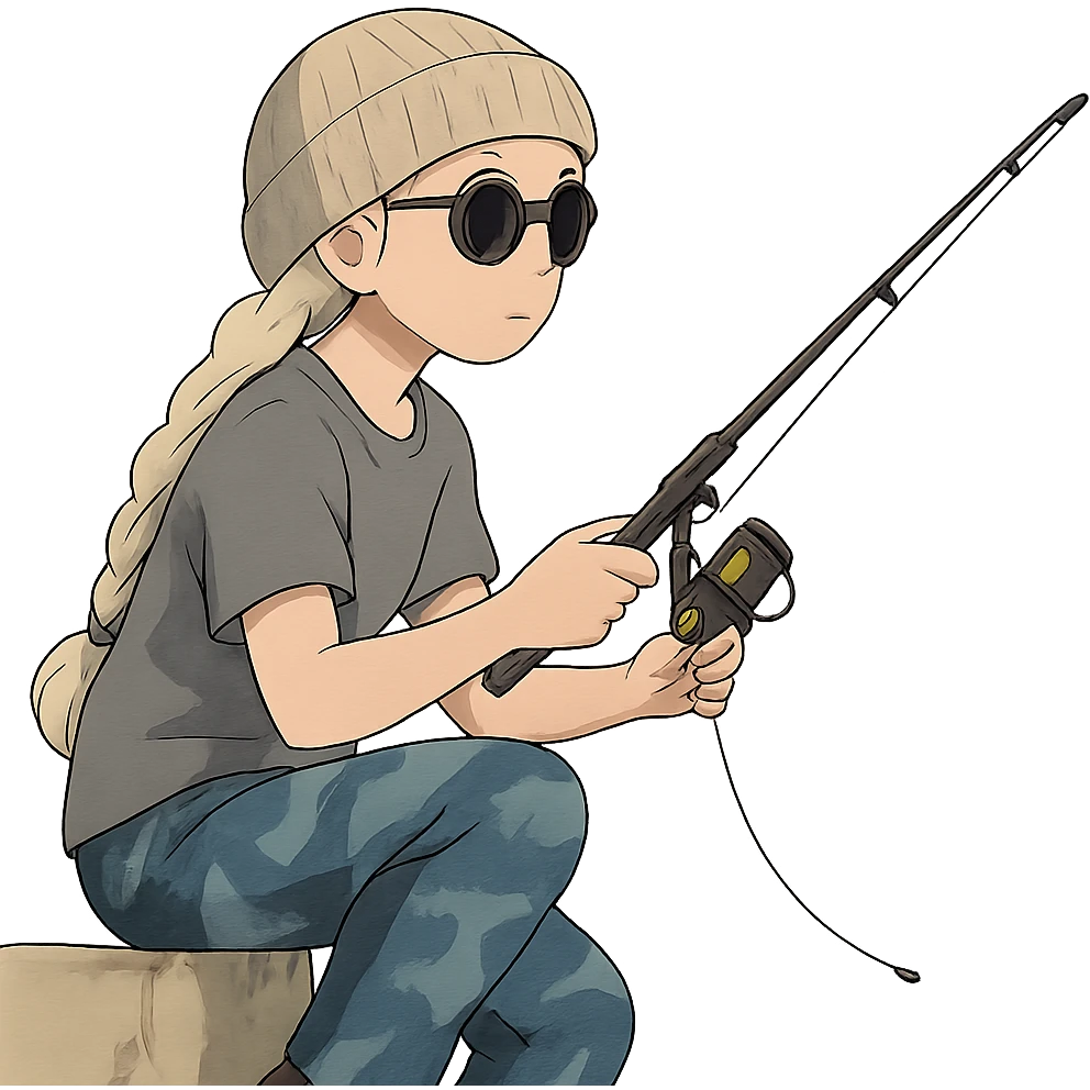 1 female, long white braid, knit cap, dark sunglasses, GRAY T-SHIRT, blue camo pants, KNEELING AND FISHING WITH A TRAVEL FISHING POLE OVER THE LEDGE emoji