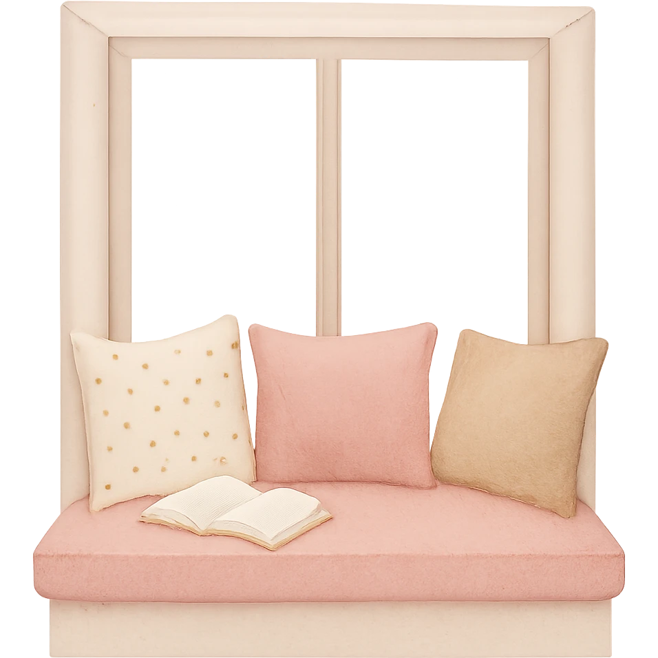 pink cozy window seat with cushions and a book, peaceful emoji