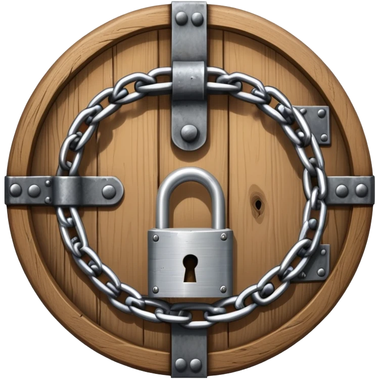 A heavy metal chain wrapped around a round wooden door with a padlock securing it emoji