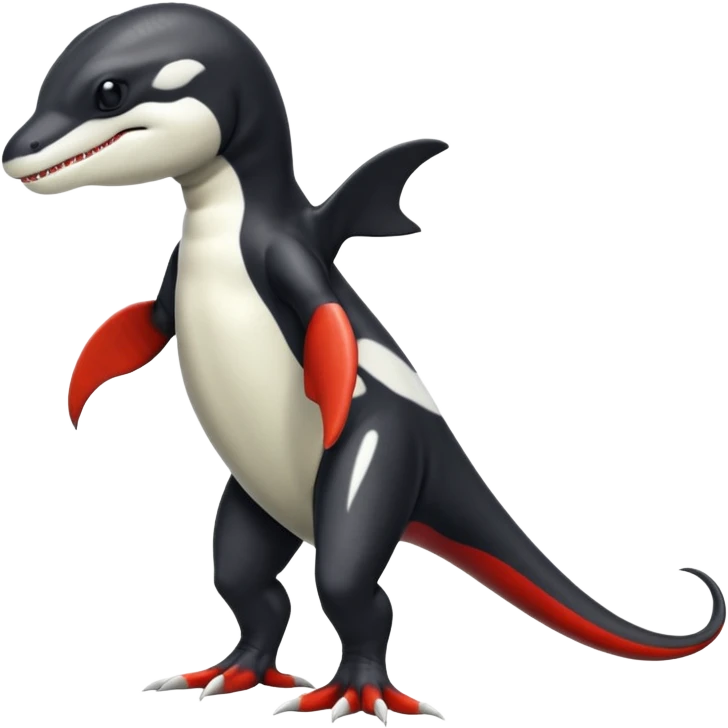 Black and white Orca-reptile-reptilian-lizard-skink-gecko-Digimon-Fakémon-hybrid full body, two legs, two arms, claws, tail, with red stripe emoji