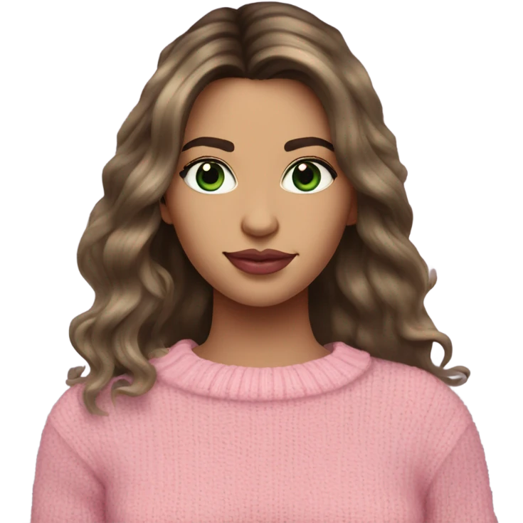 Brunette balayage long hair white woman green eyes pink sweater and pink lips  emoji