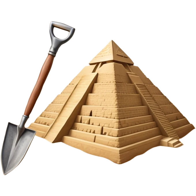 An icon showing archaeological tools like a trowel, brush, and pickaxe placed on sandy ground, with an Egyptian pyramid in the background. The design symbolizes excavation and discovery of ancient history, blending tools and iconic landmarks. Transparent background. emoji