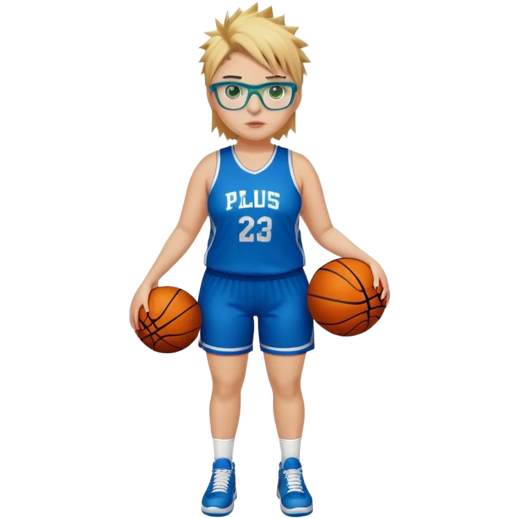 Full Body white plus size Girl with basketball spikey short brown and blonde hair  wearing blue glasses with green eyes wearing basketball uniform emoji