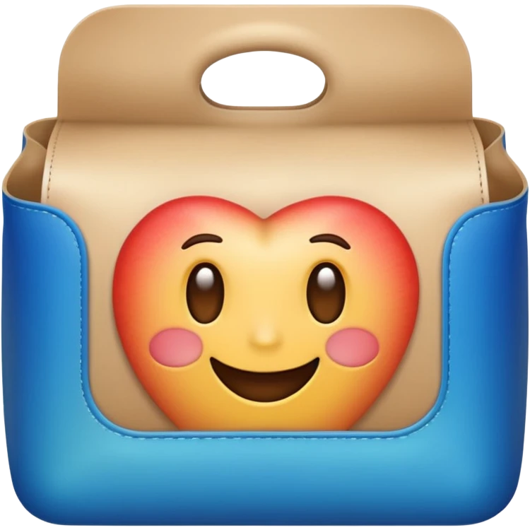 modern feed bag emoji, blue gradient, rectangular with rounded edges, top open with beige grains, curved line for volume, white label with black border and grain icon (circle with dot), Apple emoji style emoji