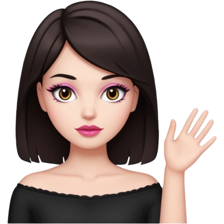 my hair is dark brown almost black, reaching my waist. the haircut is wolfcut, pretty lasher hut not thick. slightly pink lips. emoji