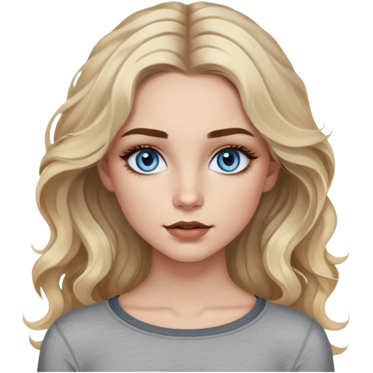 Girl with blue eyes. Blonde wavy hair with dark brown highlights. Long hair. Natural eyebrows with color like highlights. Painted eyelashes and lips lined with brown liner. With a gray long-sleeved crop top. Skinny in the face. emoji