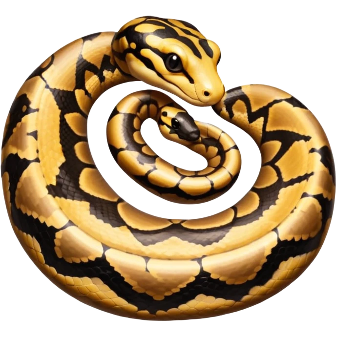 A photo-realistic top-down view of a Ball Python gently coiled into a tight spiral, with its head resting peacefully at the center. Its scales are warm brown with bold, irregular black markings, including the distinctive “alien-head” pattern, flowing smoothly along its body.  emoji