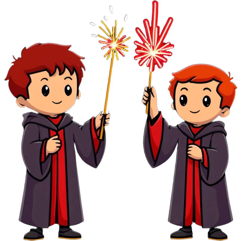 Fred and George Weasley with matching red hair and Gryffindor wizard robes, holding fireworks emoji