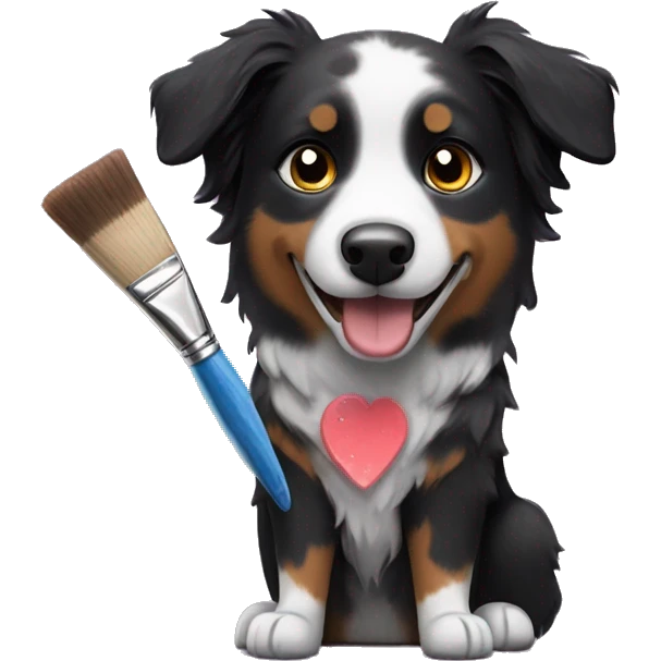 Small black australian shepherd dog with paintbrush and paint  emoji