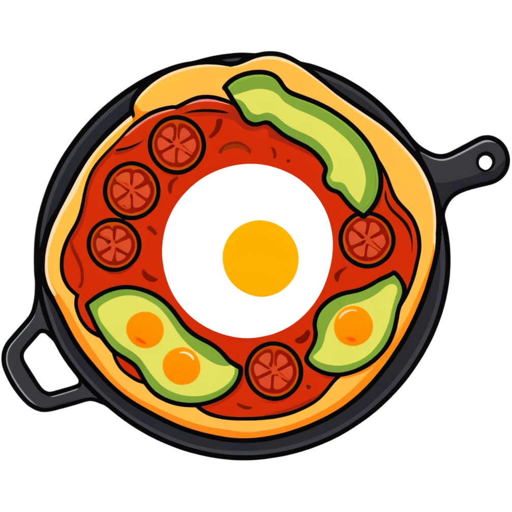 A delicious breakfast skillet with pizza cheese, tomato sauce, pepperoni, sliced avocado, and a sunny side up egg emoji