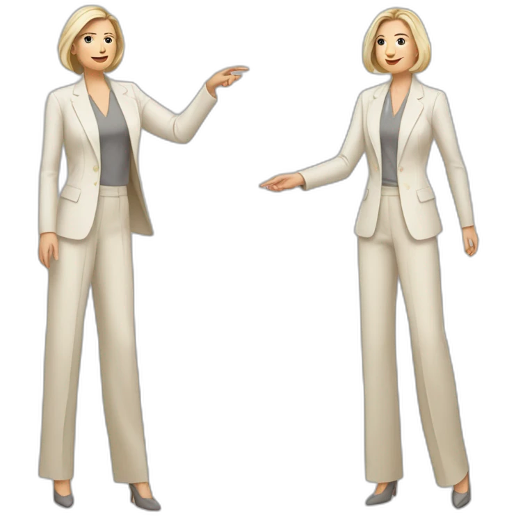 Full height Actively gesturing with hands pale skin woman with ash blonde Straightened bob Hair, White Spacious classical jacket, beige palazzo Arrow pants and gray blouse emoji