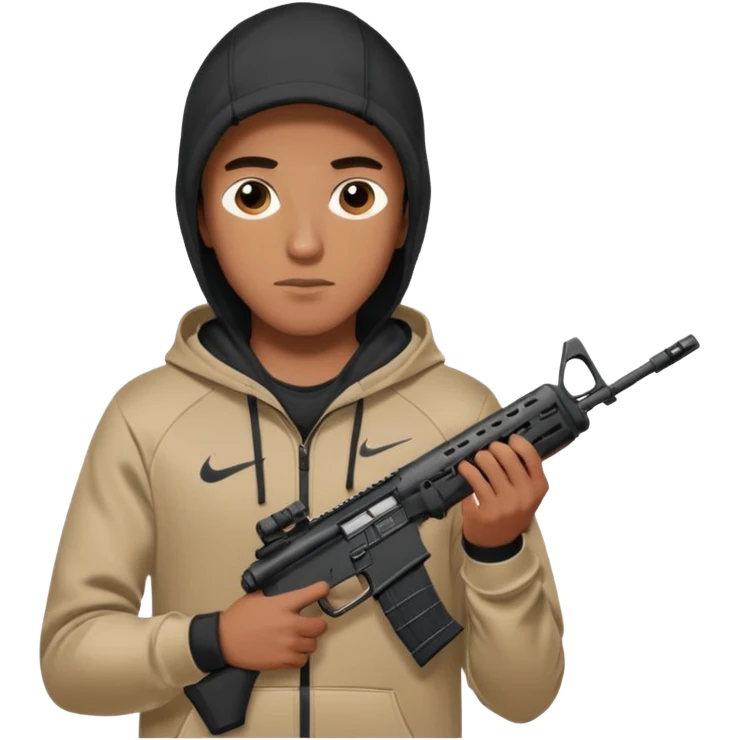 
Fais moi un jeune taliban qui ressemble qui tient une AR15 avec un hoodie a capuche, capuché, avec la cagoule nike therma fit hood emoji