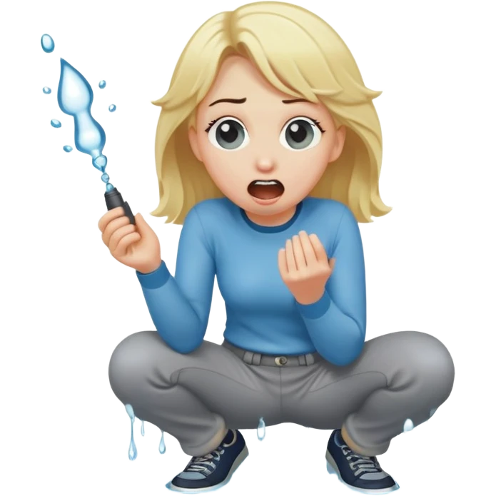 blond woman kneeling, shocked, playful cartoon stick with D-shaped knob and exaggerated features coming from trousers in front of her face, water jet into her mouth emoji