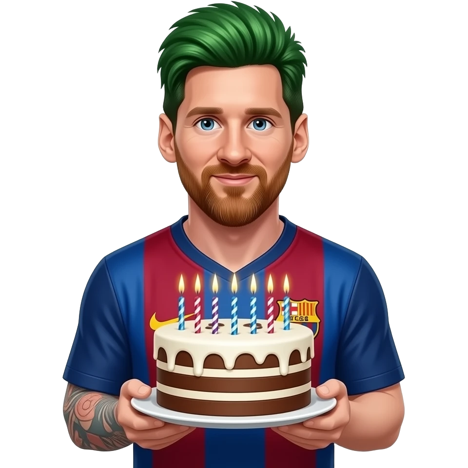 Messi have a green tall hair and holding cake with tall hair emoji