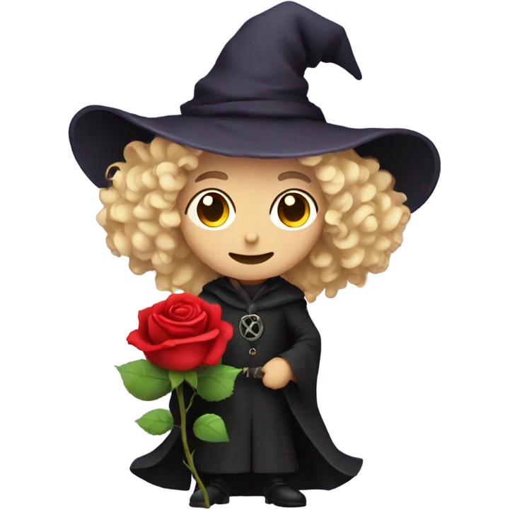 Male blonde curly haired Witch holding a rose emoji