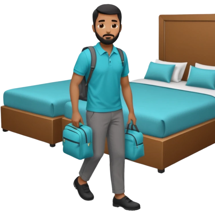 man with black short male hair and black hair and beard and hes in a office with his grey backpack on the floor and he has a tourquose polo shrit with gre dress pants and hes working at a hotel emoji