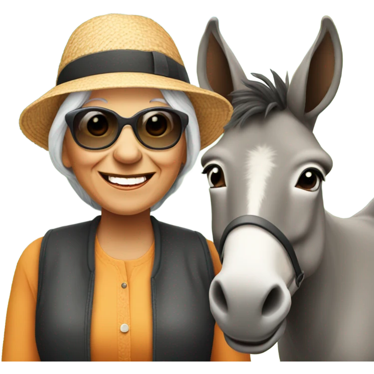 smiling younger grandma with hat and sunglasses outdoors with a donkey emoji