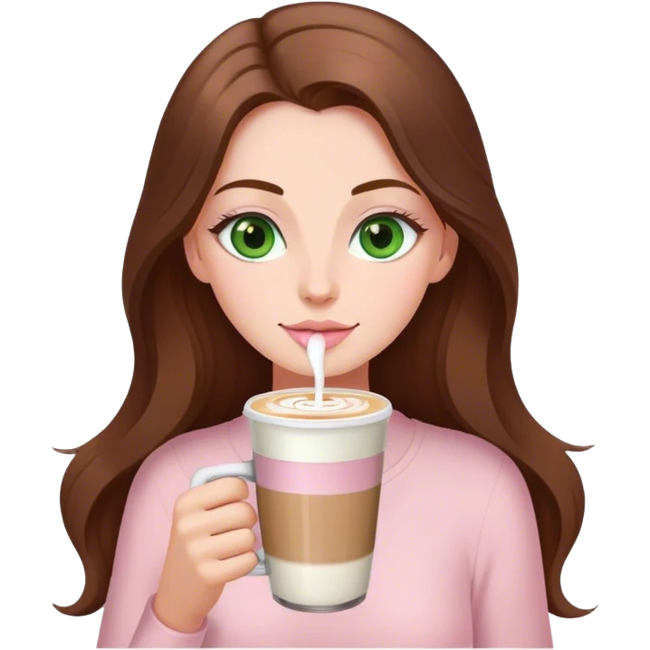 pretty woman with very long brown hair and green eyes and light pink outfit drinking a latte emoji
