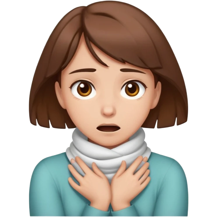 Girl with brown hair and eyes with hands wrapped around their neck, sarcastically choking themself emoji