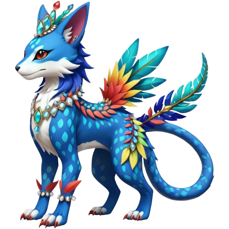 Kawaii cute colorful exotic tropical beautiful pretty elegant divine edgy feline-vernid-sergal-Fakémon-Pokémon-fursona-animal-creature with accessories, jewelries, full body, with intricate detailed markings, feathers, crystals, fins, headdress emoji