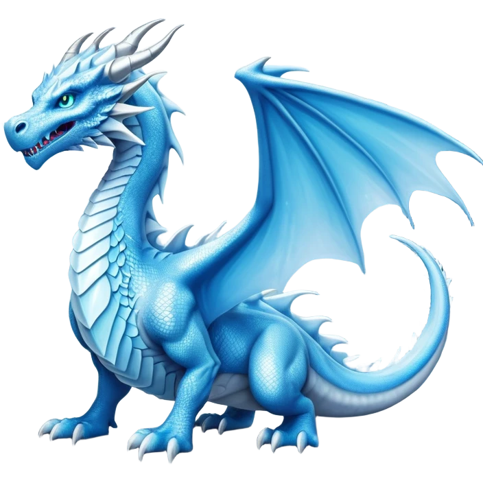 Cinematic Noble wise elegant Ice Dragon full body  Emoji, Poised and imposing, distinct long elegant snout, with a slender, scaled body shimmering in glacial hues of icy blue, frostbitten silver, and crystalline white, breathing out frost, with piercing, glowing ice blue white eyes that radiate the chilling depths of an arctic storm; rendered in detail. excuding wisdom emoji