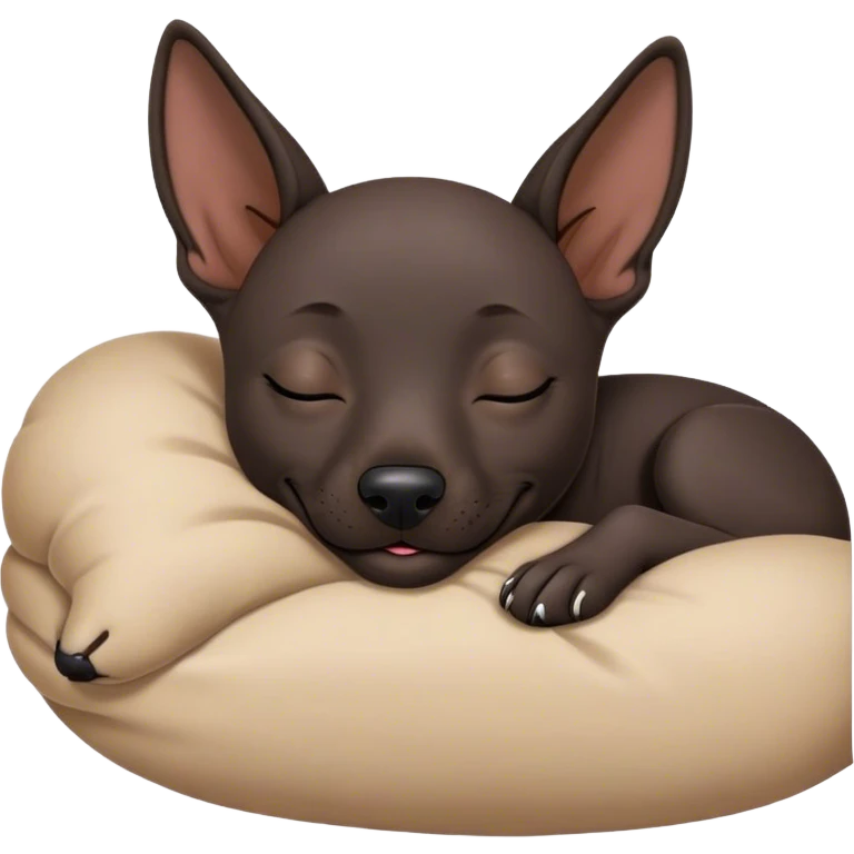 Meme-Worthy Cute Sleeping Xoloitzcuintle dog Portrait Emoji, Head resting peacefully with a contented smile, showcasing a sleek, muscular build with smooth, hairless ebony skin and gently relaxed wrinkles, eyes shut in a serene nap, Simplified yet hilariously adorable features, highly detailed, glowing with a soft, drowsy light, high shine, relaxed and utterly lovable, stylized with an air of playful laziness, bright and heartwarming, soft glowing outline, capturing the essence of a comically sleepy guardian, so meme-worthy it feels like it could instantly become the next viral sensation of adorable slumber! emoji