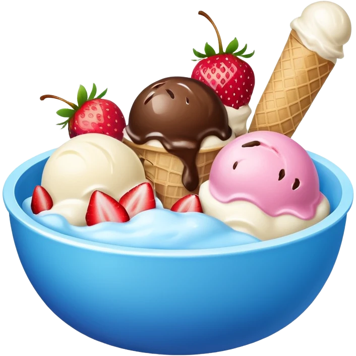 Blue bowl with 3 scoops of ice cream in it: white, brown, and pink emoji