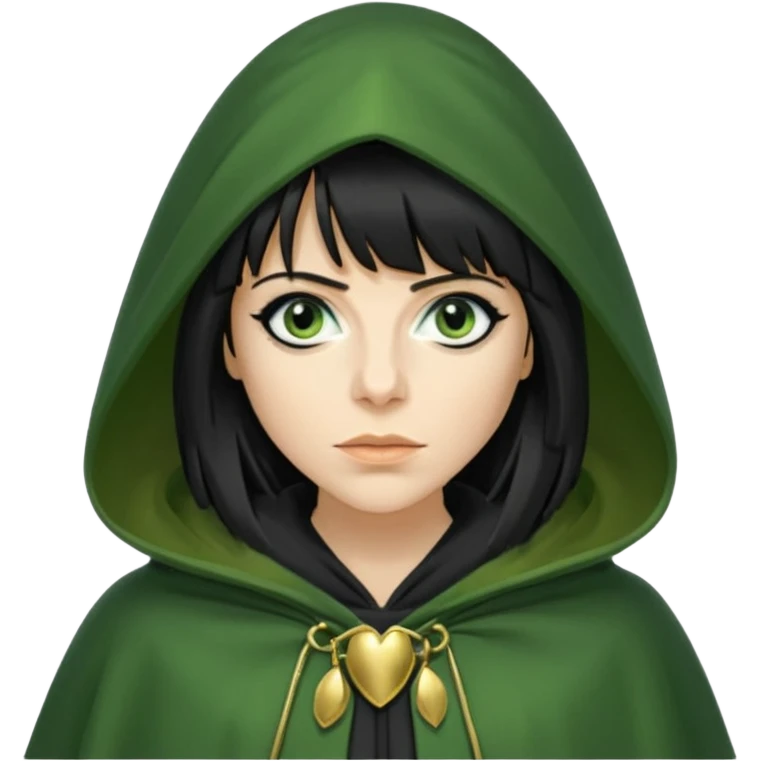 claudia winkleman with a heavy fringe as a traitor with a green hooded cloak with a gold clasp and dark black eyeliner emoji