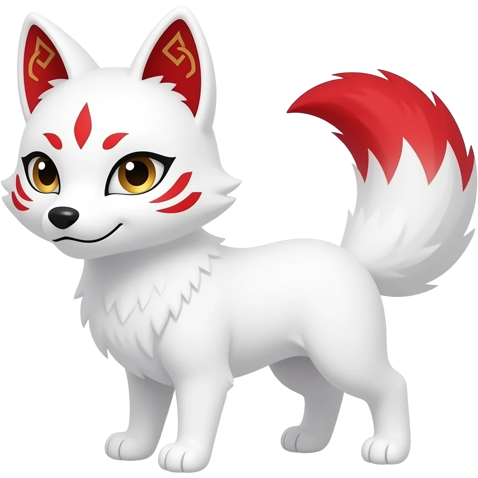 A pure white one-tailed kitsune (fox form,) with red accents, (one marking on each of its cheek, two markings each across its eyes and a single one on its forehead,) red on the insides of its ears, with gold symbols inside of its ears,) and pale golden eyes. Pure white paws and a red tail tip. emoji