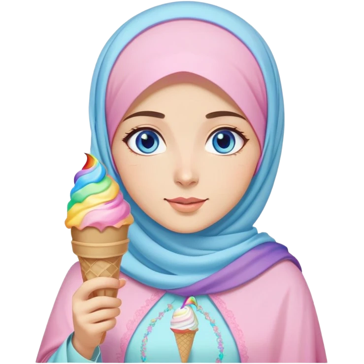 Turkish beautiful finish Konya girl blue eyes with ice cream pastel hijab islamic dress and had on her hand rainbow ice cream  emoji