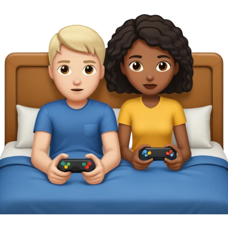 Man playing video games with a black woman on the bed behind him emoji