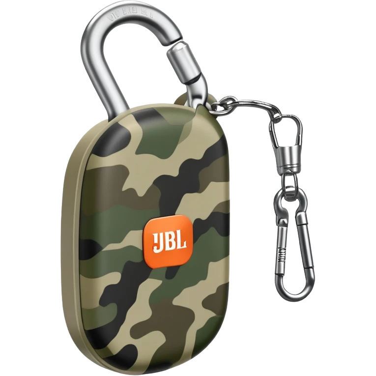 Extremely simplified JBL Clip 4, flat design with subtle camouflage pattern, single carabiner hook, iOS emoji style emoji