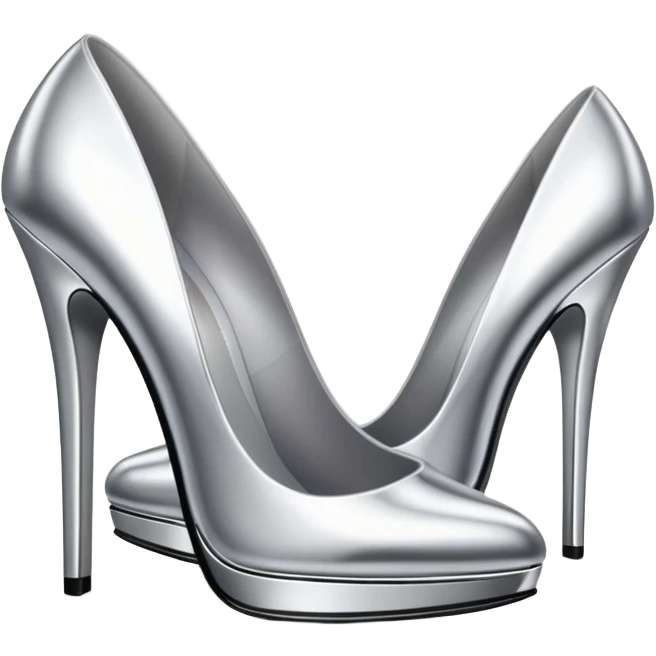 A pair of high heel shoes emoji made of polished silver chrome, elegant sharp silhouette, smooth metallic surface, glossy reflections, luxury sexy vibe, minimalistic iOS emoji style, centered, clean white background emoji