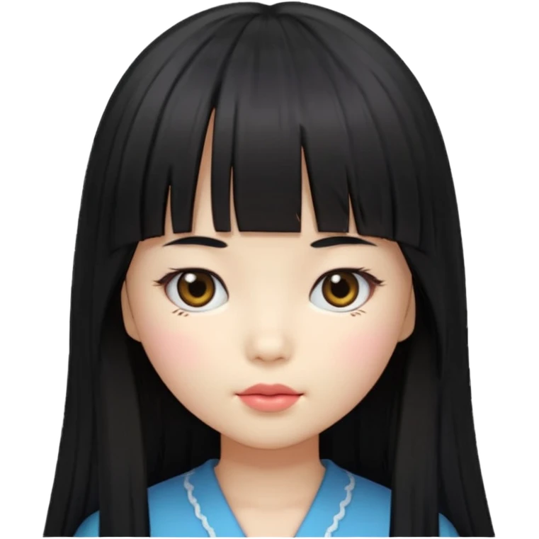 girl with long black hair, Korean style bangs, doll emoji style, head slightly tilted emoji