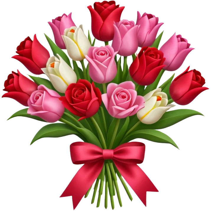 Create an bouquet with red and pink roses and tulips inside a white flower bouquet with red ribbon around it emoji