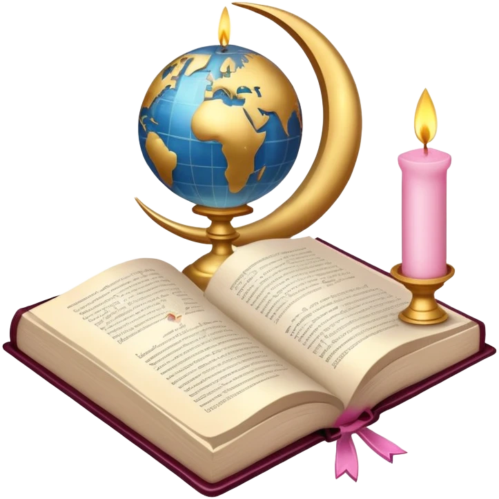 An icon featuring a holy book, a candle, and a cross, symbolizing religious studies. The design includes a globe with various religious symbols: a crescent moon and star (Islam), a lotus flower (Buddhism), representing global belief systems. Transparent background. emoji