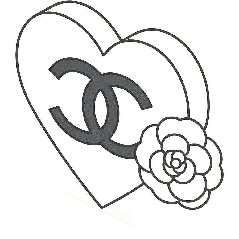 Chanel heart in 2D isometric style, elegant, black and white, with a camellia flower emoji