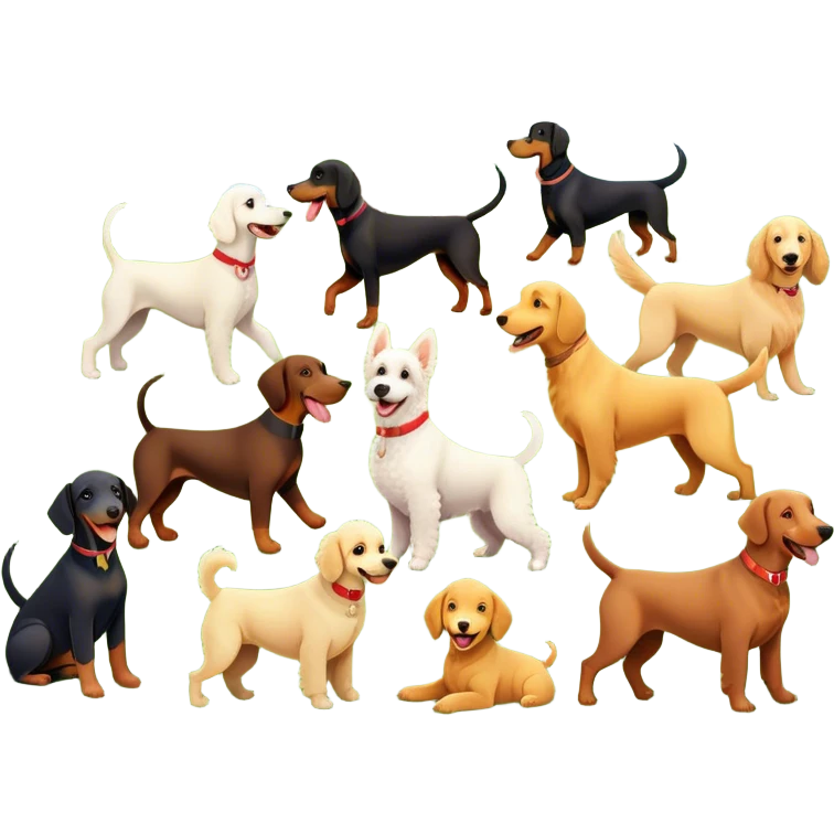 Collage of various dog breeds like Doberman, Poodle, Dachshund, and Golden Retriever, playing in a park with trees and grass. Some dogs run, others sit, all are full of energy and happiness. A joyful, colorful scene with playful expressions. Transparent background. emoji