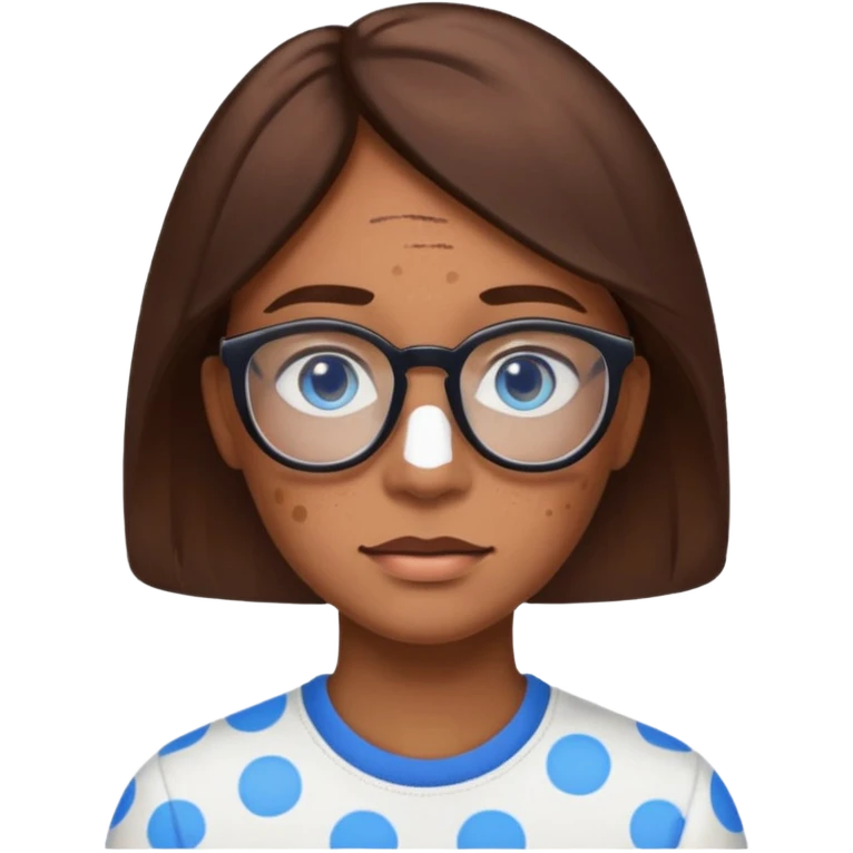 vitiligo emoji, with vitiligo spots around eyes and on the chin. brown hair, blue eyes, wearing glasses  emoji