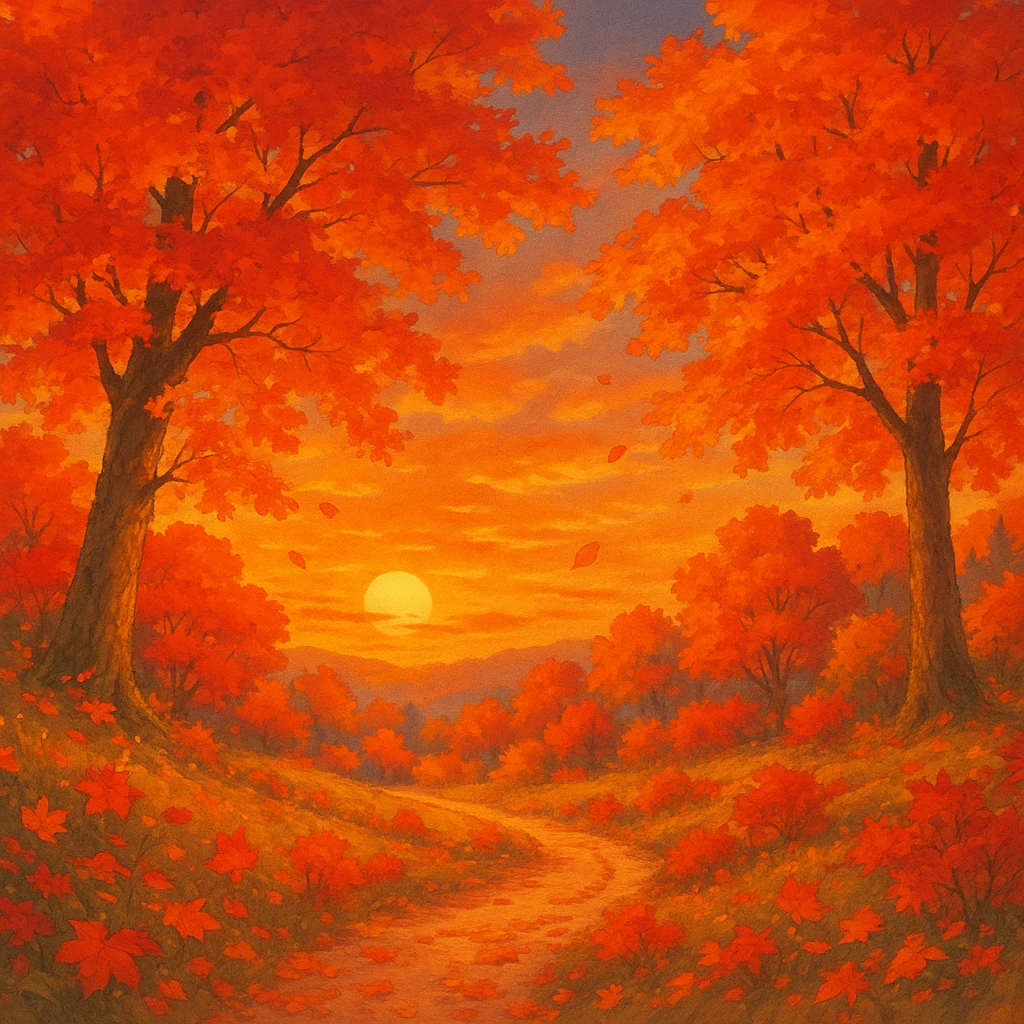fall season sunset with vibrant autumn colors, colorful leaves, cozy atmosphere in ghibli style emoji