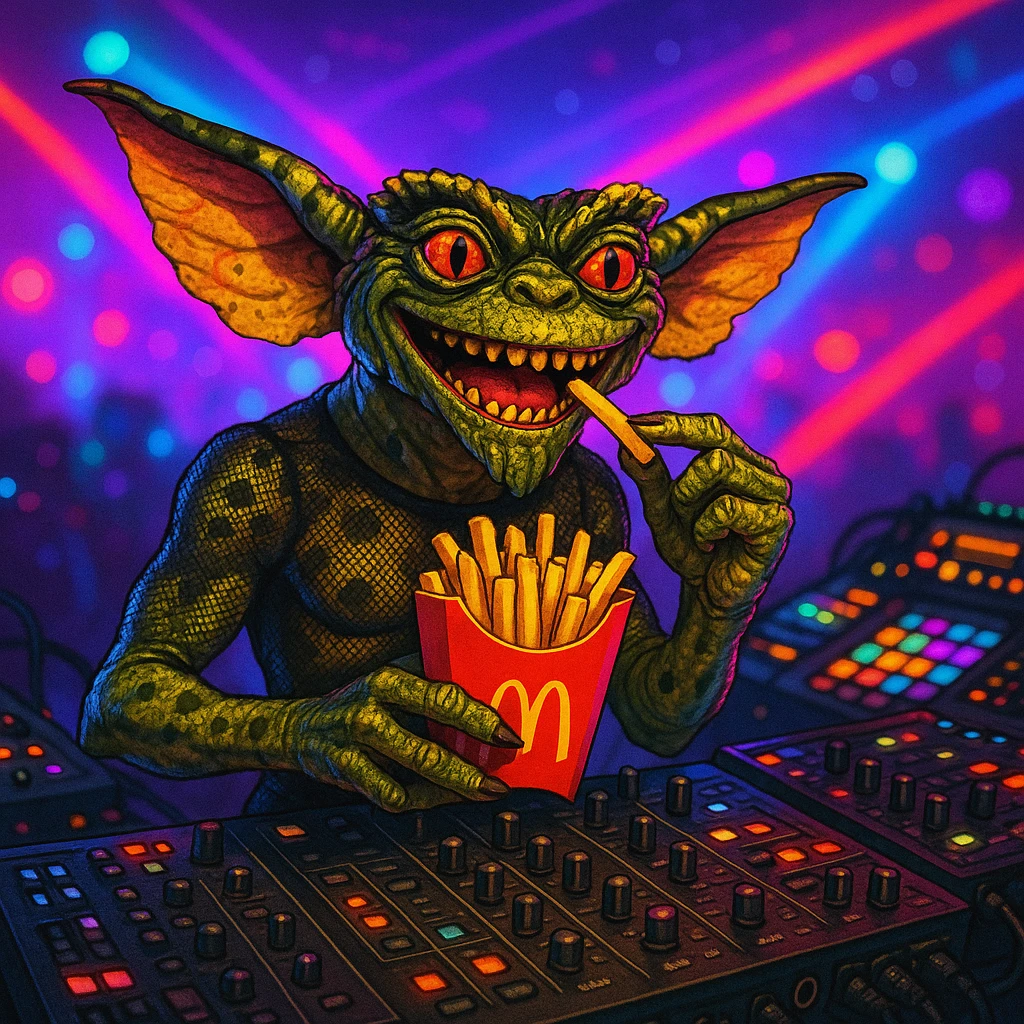 A gremlin enjoying McDonald's fries at a techno party, see-through mesh top, surrounded by electronic music equipment, colorful lights emoji