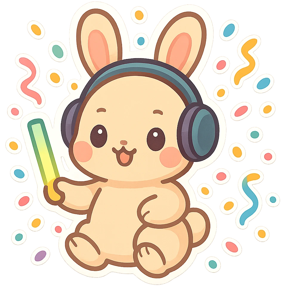 cute rave bunny wearing headphones, holding a glow wand, surrounded by confetti, festive mood emoji