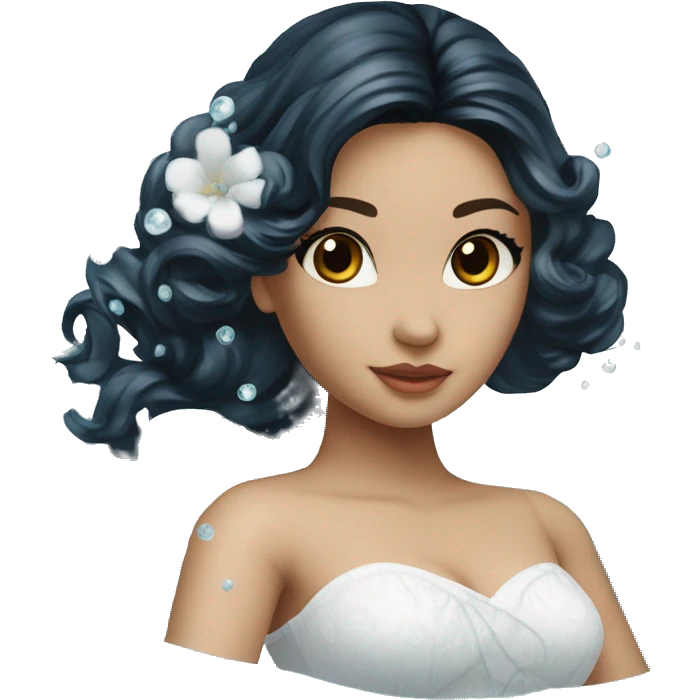 Pretty young Lady doll posing posed pose with long black hair flowers in hair white dress surrounded by flowing water water swirls waves emoji