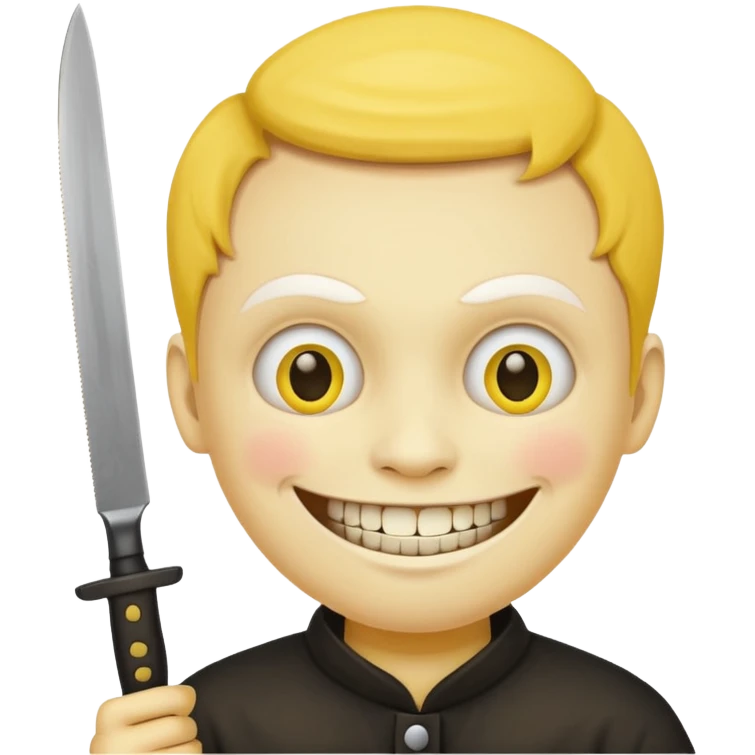 Round yellow face with hand holding knife with a creepy smile emoji