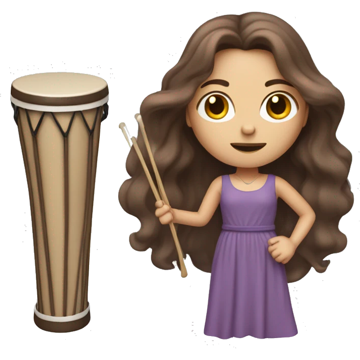 White woman standing with long flowing purple dress and long wavy brown hair holding a small handheld frame drum and a drum beater emoji