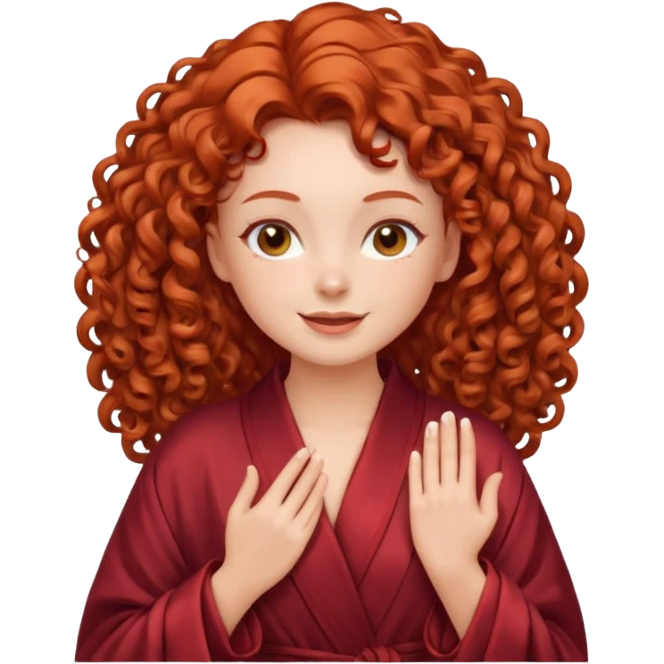 Cartoon emoji of a girl with voluminous curly red hair, fair skin, warm brown eyes. Wearing a chic milky silk robe with long sleeves, no makeup. Portrait mode, giving herself a face massage, joyful and relaxed. Smooth, simple, stylized. emoji