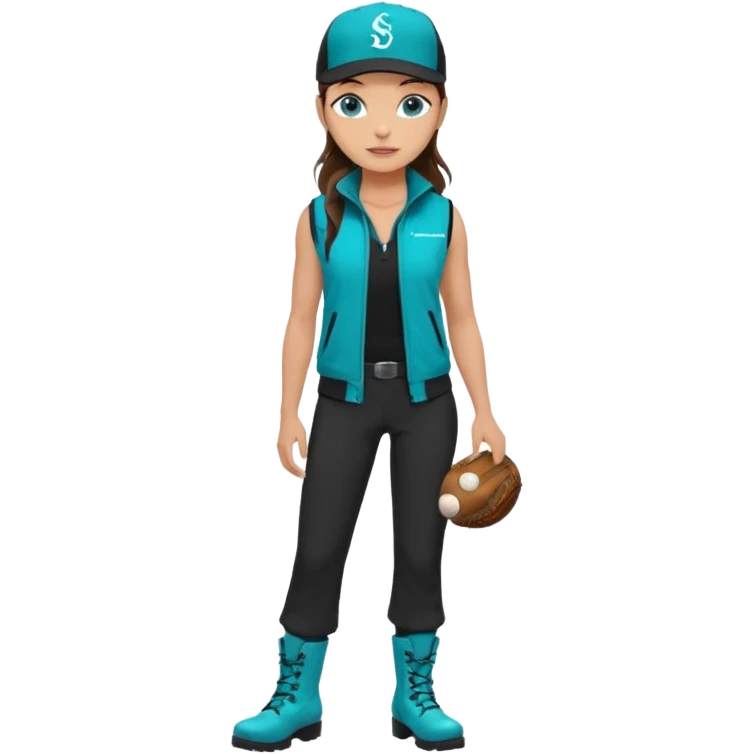 A landscaper in a beautiful turquoise jacket and turquoise boots, black pants, and a black sleeveless shirt. On his head is a black Swissotel baseball cap. The girl is a brunette with blue eyes. emoji