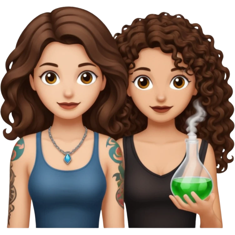 hiding potion — long wavy brown hair tattooed woman and short tight curly brown hair woman — guilty smile emoji
