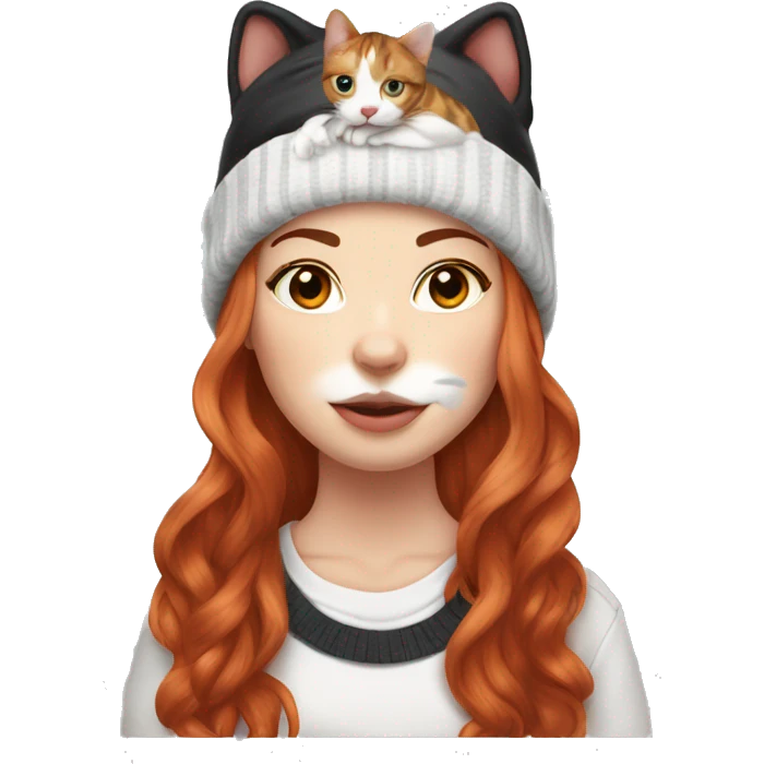 Long Red haired woman in beanie with septum piercing holding black and white English Staffordshire puppy and tabby cat emoji