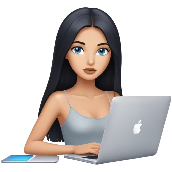 Glamours tanned very beautiful girl with pump nude lips and black straight smooth long hair, blue-grey eyes in top with one MacBook. emoji